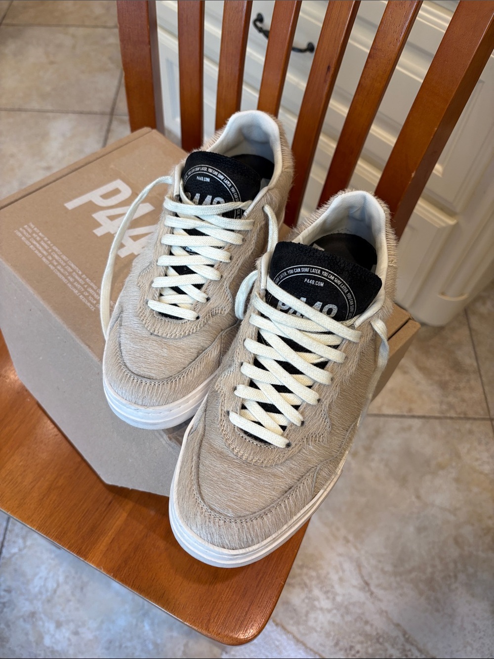 P448 Beige Haircalf Low-Top Sneakers with Black Tongue